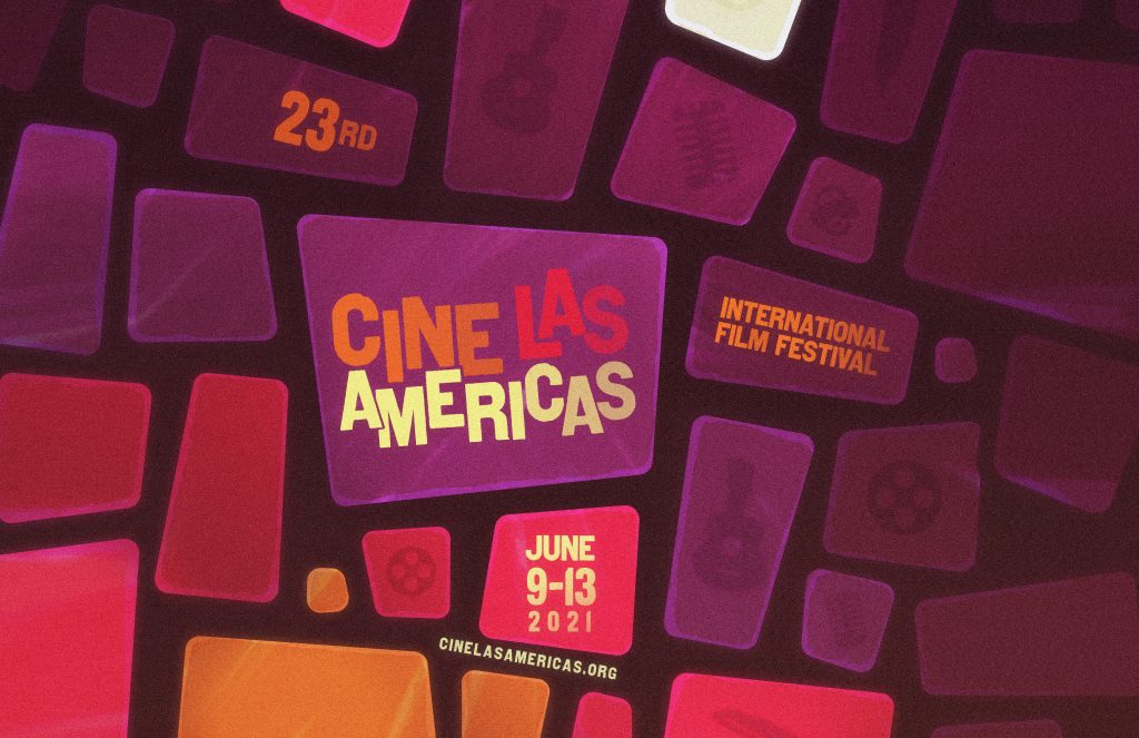 Cine Las Americas International Film Festival poster with various squares representing the virtual component of the festival.