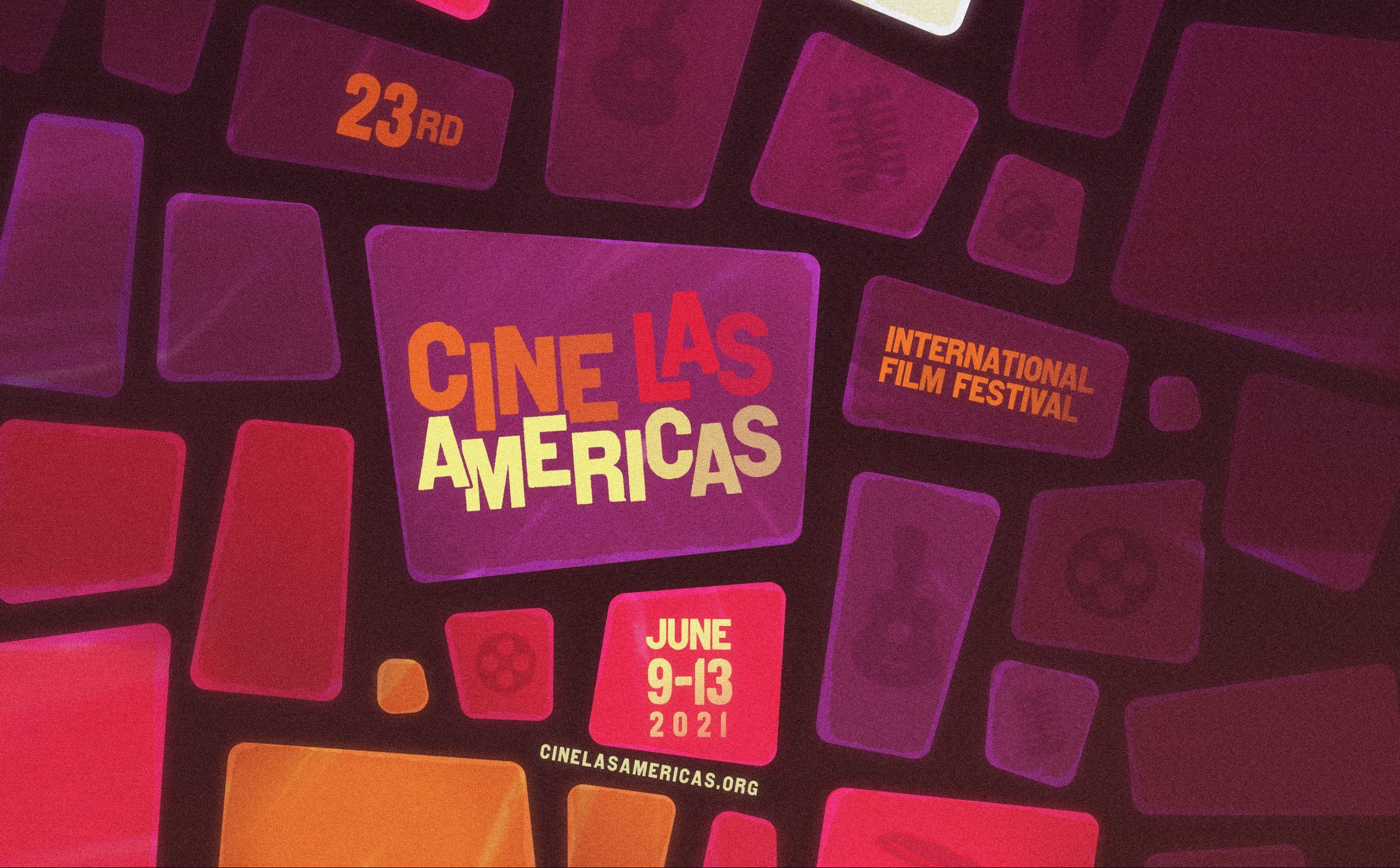 Cine Las Americas International Film Festival poster with various squares representing the virtual component of the festival.
