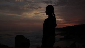 A woman in shadow stand overlooking a sunset.
