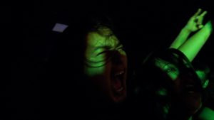 A young person's screaming face is barely visible in a dark space with green light. A young woman's face can also be seen smiling. Another person's arm is holding up a "horns" hand gesture.
