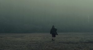 Woman walks away in the foggy distance.