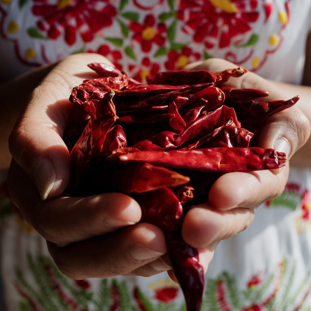 spicy dried chilies in mexican woman's hands, traditional peppers from Mexican cuisine in mexico latin america